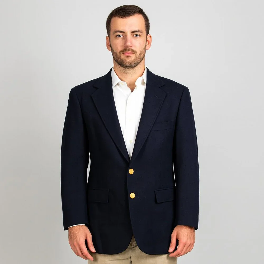 Vintage Trend Shop Stewart Men's Navy Blue Wool Blazer with Gold Buttons Sz 44R